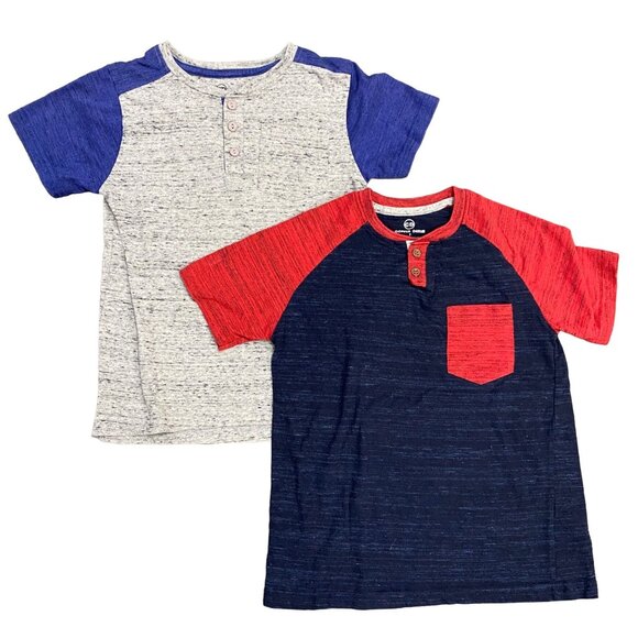 Cooper Denim Boys 7 Henley Tshirt Pocket Short Sleeve Gray Blue Red Lot of 2 - Picture 1 of 9